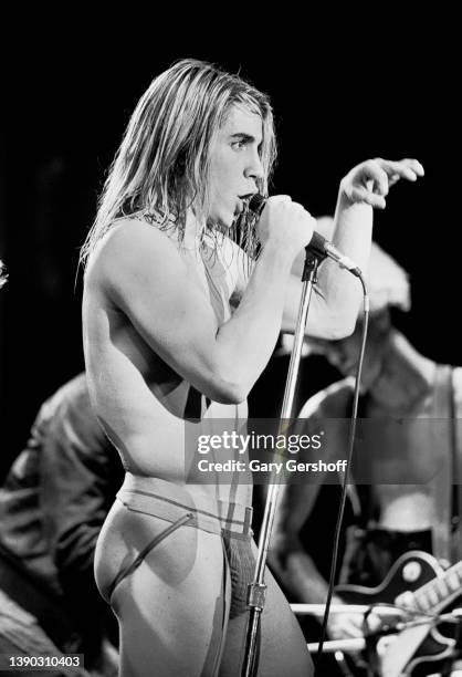 American Rock singer Anthony Kiedis, of the group Red Hot Chili Peppers, performs onstage at the Ritz, New York, New York, October 31, 1985.