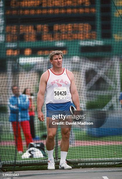 Al Oerter of the USA enters the discus ring during the 1989 World Veteran's Championships held during August 1989 in Hayward Field at the University...