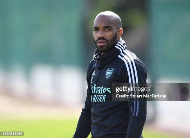 Alex Lacazette of Arsenal during a training at London Colney on April 08, 2022 in St Albans, England.