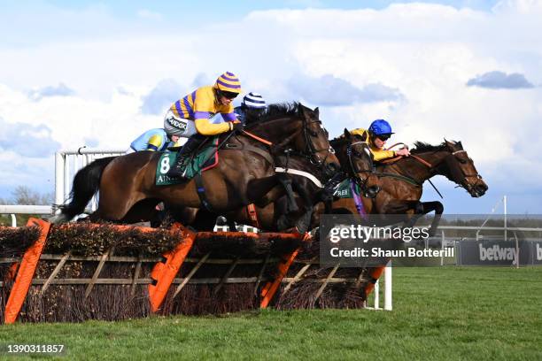 Harry Cobden on Gelino Bello clear the third last to win before Nick Scholfield on Stag Horn in the Cavani Menswear Sefton Novices' Hurdle race...