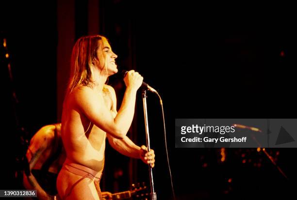 American Rock singer Anthony Kiedis, of the group Red Hot Chili Peppers performs onstage at the Ritz, New York, New York, October 31, 1985. In the...