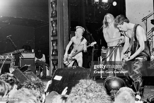 Members of American Rock group Red Hot Chili Peppers perform onstage at the Ritz, New York, New York, October 31, 1985. Pictured are, from center...