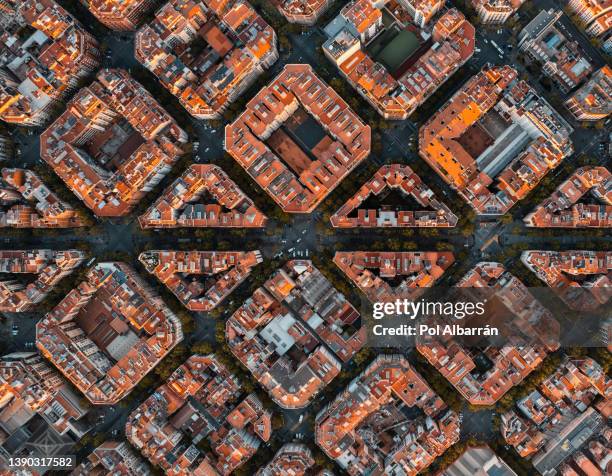 aerial view of the residential eixample district of barcelona, catalonia, spain - barcelona ストックフォトと画像