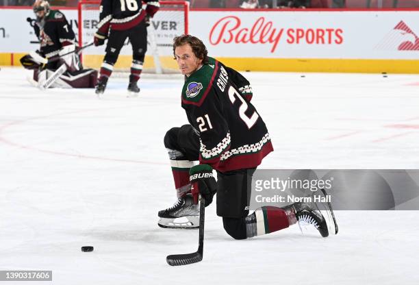 Loui Eriksson of the Arizona Coyotes prepares for a game against the Vancouver Canucks at Gila River Arena on April 07, 2022 in Glendale, Arizona.