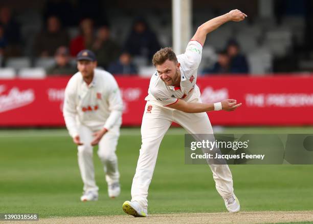 Sam Cook of Essex bowls during Day Two the LV= Insurance County Championship match between Essex and Kent at Cloudfm County Ground on April 08, 2022...