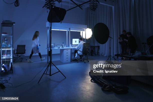 a backstage from filming a movie or a photoset with a scientific laboratory decorations - theaterdecor stockfoto's en -beelden
