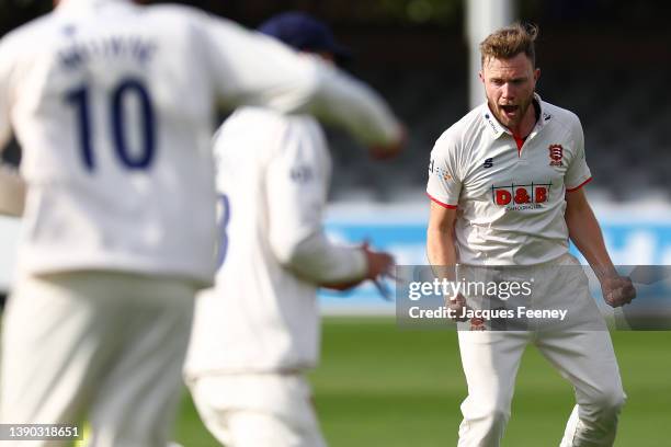 Sam Cook of Essex celebrates after bowling out Daniel Bell-Drummond of Kent during Day Two the LV= Insurance County Championship match between Essex...