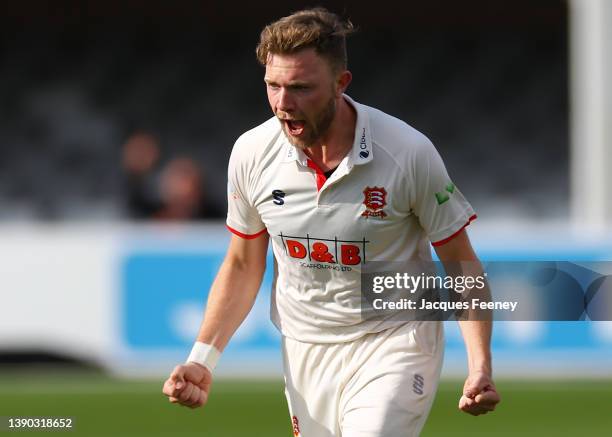 Sam Cook of Essex celebrates after bowling out Daniel Bell-Drummond of Kent during Day Two the LV= Insurance County Championship match between Essex...