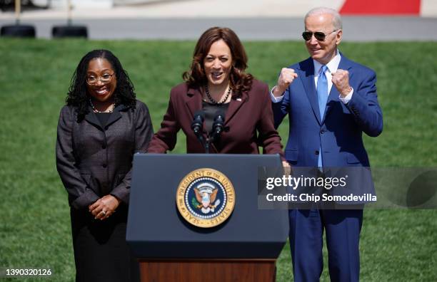 Vice President Kamala Harris speaks as U.S. President Joe Biden and Judge Ketanji Brown Jackson listen during an event celebrating Jackson's...