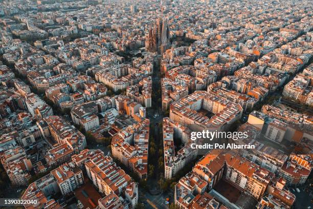 barcelona city skyline at sunrise - barcelona aerial stock-fotos und bilder