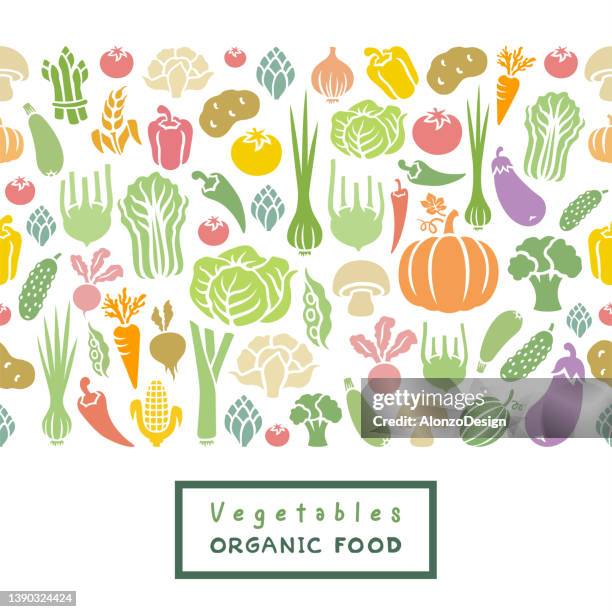 ilustrações de stock, clip art, desenhos animados e ícones de seamless pattern of fresh vegetables. organic food banner. - plenitude