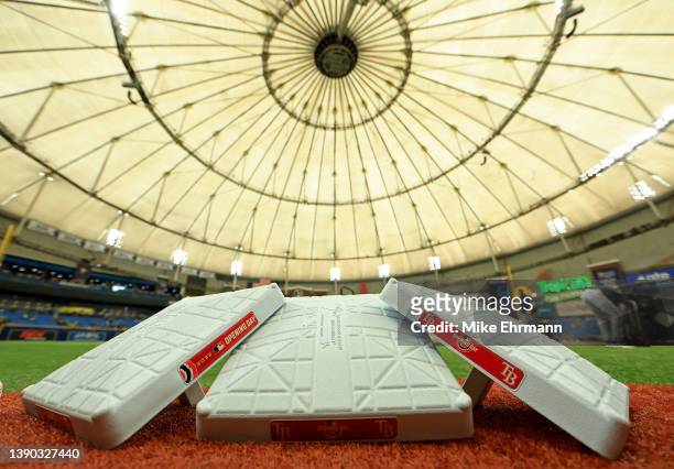 Detail of the bases ahead of the Opening Day game between the Tampa Bay Rays and the Baltimore Orioles at Tropicana Field on April 08, 2022 in St...