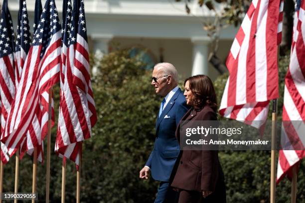 President Joe Biden and Vice President Kamala Harris arrive for an event celebrating Judge Ketanji Brown Jackson's confirmation to the U.S. Supreme...