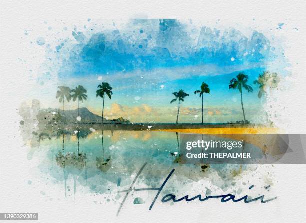 hawaii postcard - mix digital technique - waikiki beach hawaii stock illustrations