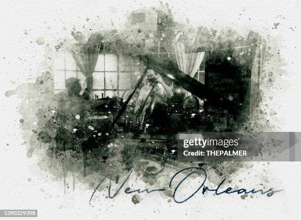 new orleans jazz trio postcard - mix digital technique - new orleans music stock illustrations