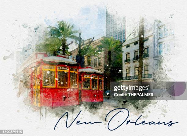 new orleans classic street car postcard - mix digital technique - new orleans streetcar stock illustrations