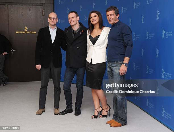 Director Steven Soderbergh, actors Michael Fassbender, Gina Carano and Antonio Banderas attend the "Haywire" Photocall during day seven of the 62nd...