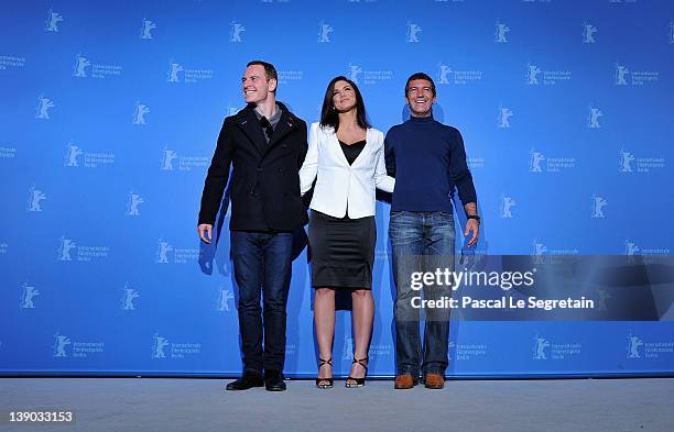 Actors Michael Fassbender, Gina Carano and Antonio Banderas attends the "Haywire" Photocall during day seven of the 62nd Berlin International Film...