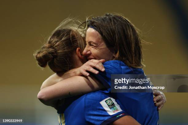 Daniela Sabatino of Italy celebrates with team mate Valentina Cernoia after scoring to give the side a 5-0 lead during the FIFA Women's World Cup...
