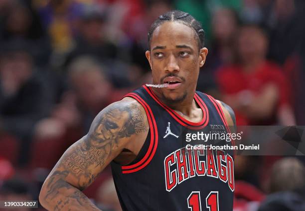 DeMar DeRozan of the Chicago Bulls waits for the start of play after a time out against the Boston Celtics at the United Center on April 06, 2022 in...