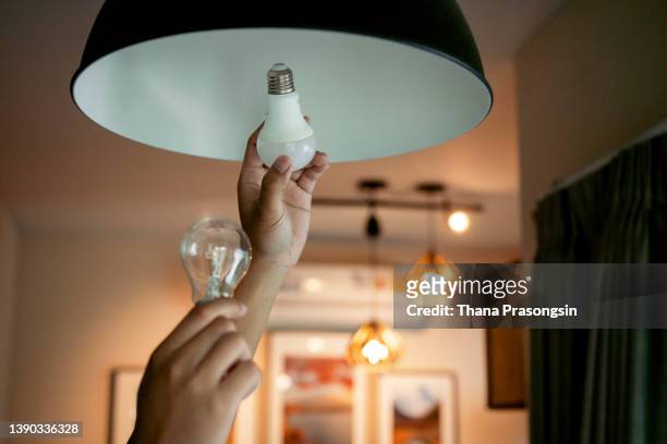 comparing regular and energy-saving lightbulb - energy efficiency stock-fotos und bilder