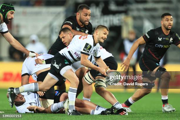 Enzo Sanga of CA Brive passes the ball during the Challenge Cup match between Brive and Saracens at Stade Amedee-Domenech on April 08, 2022 in Brive,...