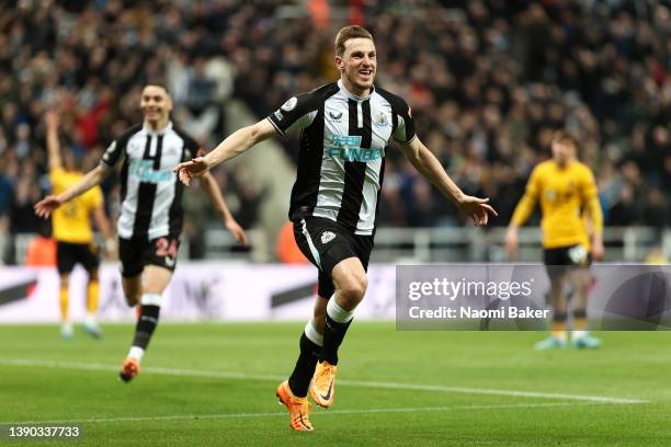 Chris Wood of Newcastle United celebrates after scoring a goal which is later disallowed for offside during the Premier League match between...