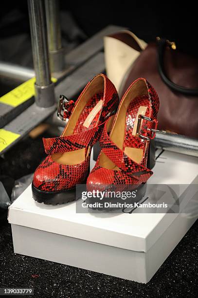 View of shoes backstage at the Michael Kors Fall 2012 fashion show during Mercedes-Benz Fashion Week at The Theatre at Lincoln Center on February 15,...