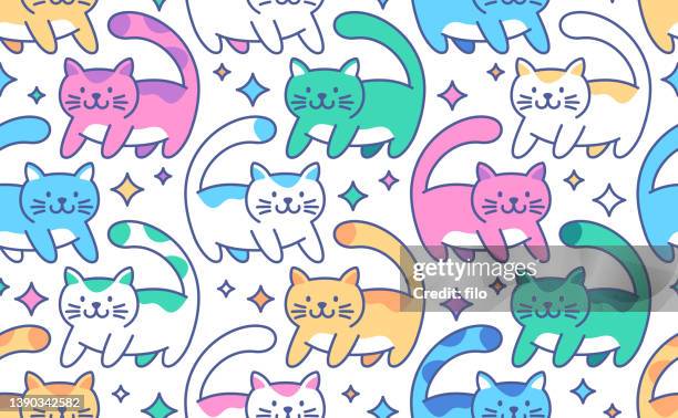 ilustrações, clipart, desenhos animados e ícones de fundo de gatos sem emenda - kawaii