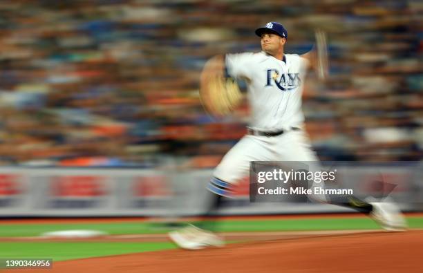 Shane McClanahan of the Tampa Bay Rays pitches during the Opening Day game against the Baltimore Orioles at Tropicana Field on April 08, 2022 in St...