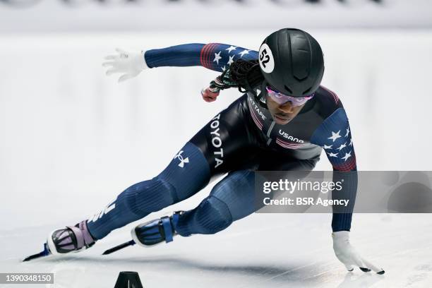 Maame Biney of the United States competes in the 500m heats during Day 1 of the ISU World Short Track Championships at the Maurice Richard Arena on...