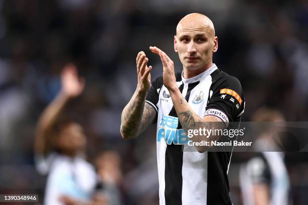 Jonjo Shelvey of Newcastle United applauds the fans after the Premier League match between Newcastle United and Wolverhampton Wanderers at St. James...