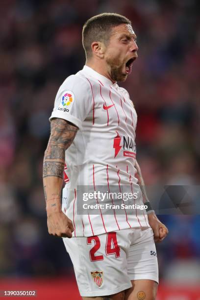 Alejandro Gomez of Sevilla FC celebrates the fourth goal during the La Liga Santander match between Sevilla FC and Granada CF at Estadio Ramon...