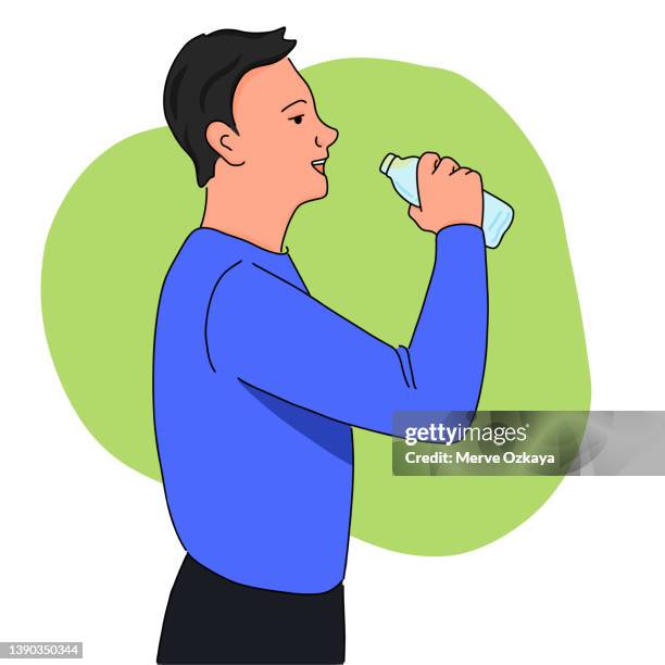 a young man drinks water - water bottle in face stock illustrations