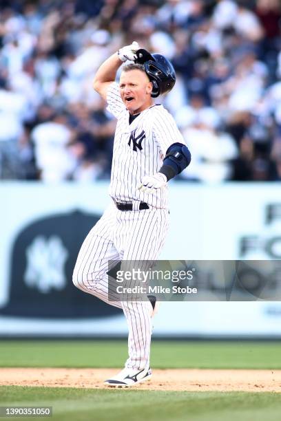 Josh Donaldson of the New York Yankees celebrates after hitting a walk-off RBI single in the eleventh inning against the Boston Red Sox at Yankee...