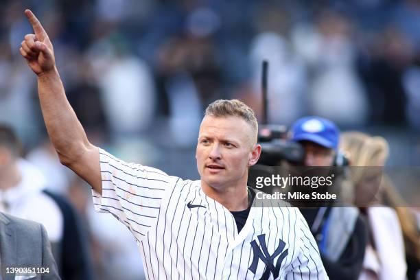 Josh Donaldson of the New York Yankees celebrates after hitting a walk-off RBI single in the eleventh inning against the Boston Red Sox at Yankee...