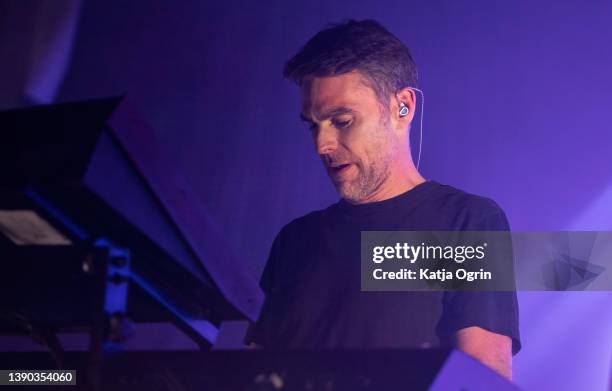 Tom Findlay of Groove Armada performs on stage at O2 Academy Birmingham on April 8, 2022 in Birmingham, England.