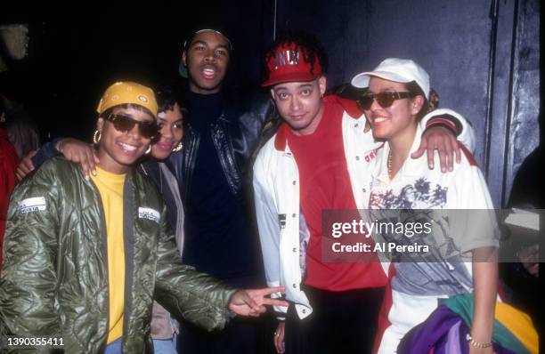 Rapper Kid of Kid 'n Play and DJ D-Nice of Boogie Down Productions appear in a portrait with Hip-Hop/R & B Group Bigga Sistas taken on April 12, 1994...