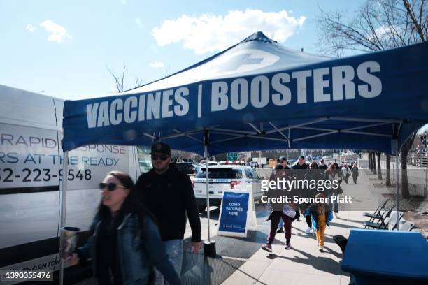 Covid vaccine and testing site is set up outside of Yankee Stadium on the Opening Day of the season for the Yankees as they face off against rivals...