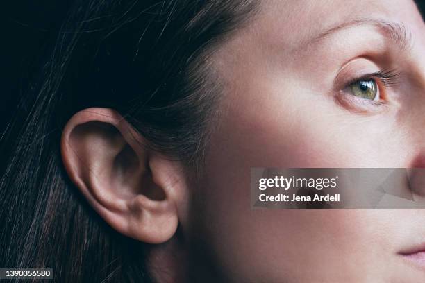 beautiful woman skin care, clear skin woman with smooth skin closeup - after photo - ear close up stock pictures, royalty-free photos & images