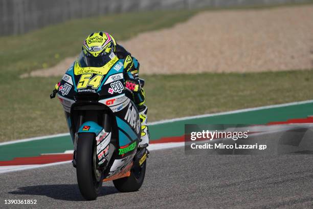 Fermin Aldeguer of Spain and MB Conveyors Speed Up heads down a straight during the MotoGP Of The Americas - Free Practice on April 08, 2022 in...