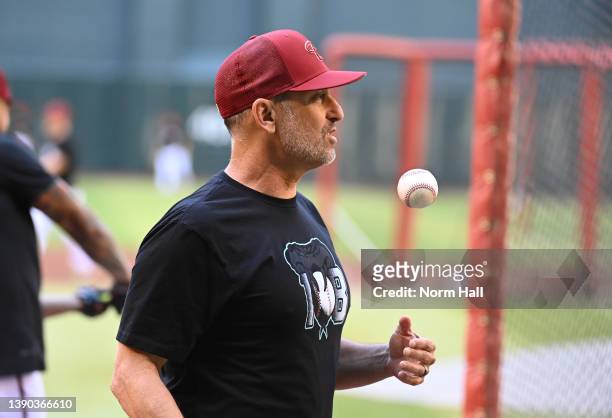 Manager Torey Lovullo of the Arizona Diamondbacks tosses a ball while watching batting practice prior to a game against the San Diego Padres at Chase...
