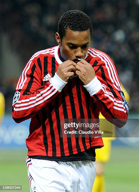 Robinho of AC Milan celebrates scoring the second goal during the UEFA Champions League round of 16 first leg match between AC Milan and Arsenal FC...