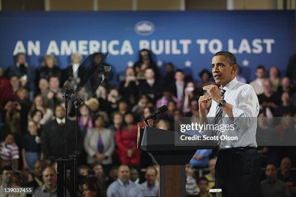 President Barack Obama speaks to workers at the Master Lock factory on February 15, 2012 in Milwaukee, Wisconsin. Obama applauded the company, which...