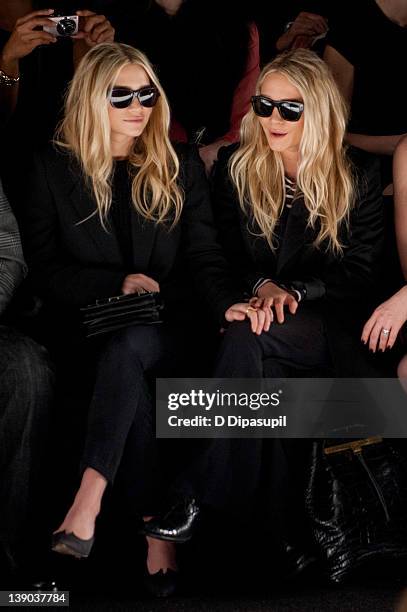 Mary-Kate Olsen and Ashley Olsen attend the J. Mendel Fall 2012 fashion show during Mercedes-Benz Fashion Week at The Theatre at Lincoln Center on...