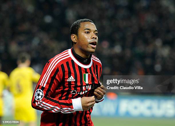 Robinho of AC Milan celebrates scoring the second goal during the UEFA Champions League round of 16 first leg match between AC Milan and Arsenal FC...