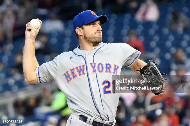 Max Scherzer of the New York Mets pitches in the first inning during a baseball game against the Washington Nationals at the Nationals Park on April...