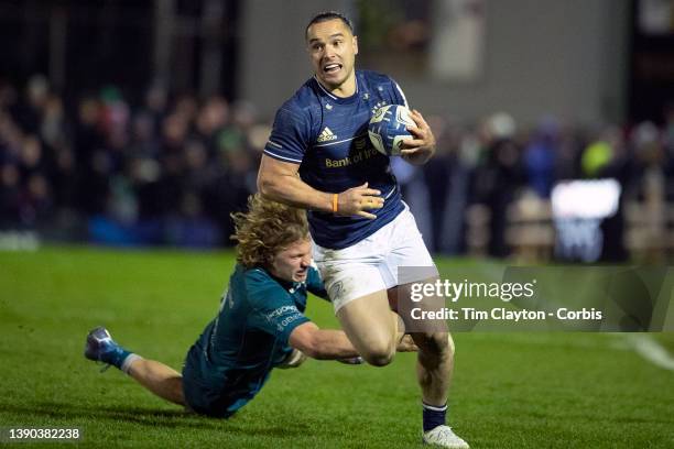 April 8: James Lowe of Leinster avoids the tackle of Cian Prendergast of Connacht during the Connacht V Leinster, European Rugby Champions Cup match...