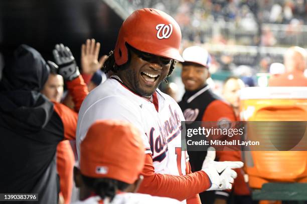 Josh Bell of the Washington Nationals celebrates a two run home run in the fourth inning during a baseball game against the New York Mets at the...