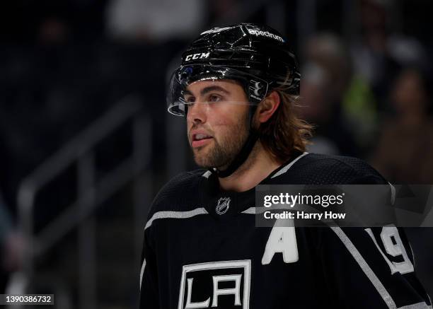 Alex Iafallo of the Los Angeles Kings waits for a faceoff during a 3-2 loss to the Edmonton Oilers at Crypto.com Arena on April 07, 2022 in Los...